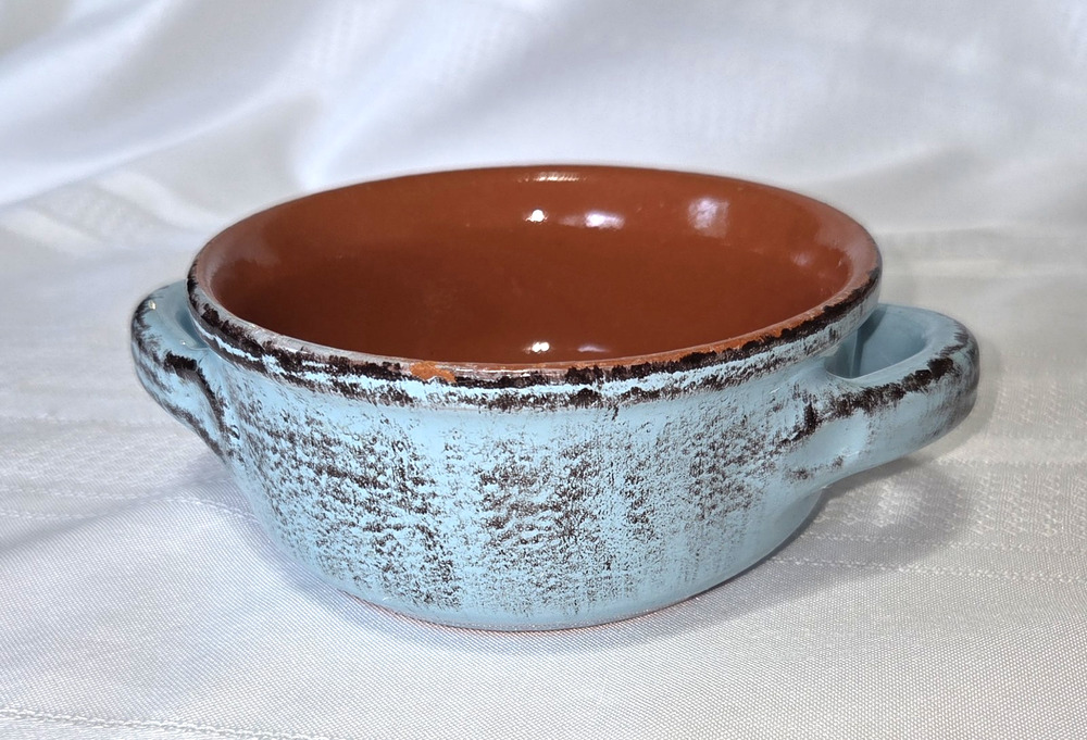 De Silva Terracotta Soup Bowl Blue Orange Handles Italy